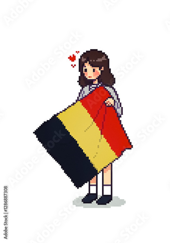 pixel art style woman holding the flag of Belgium