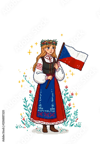 pixel art style woman holding the flag of Czech Republic