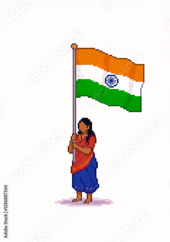 pixel art style woman holding the flag of India