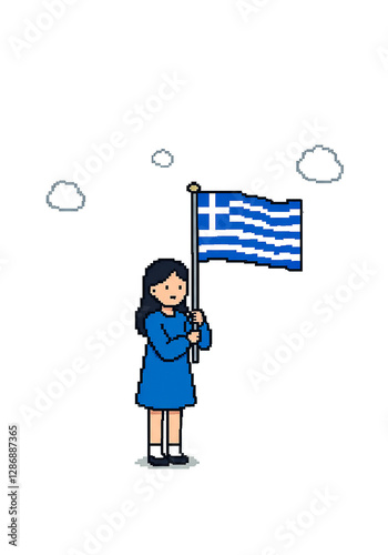 pixel art style woman holding the flag of Greece 