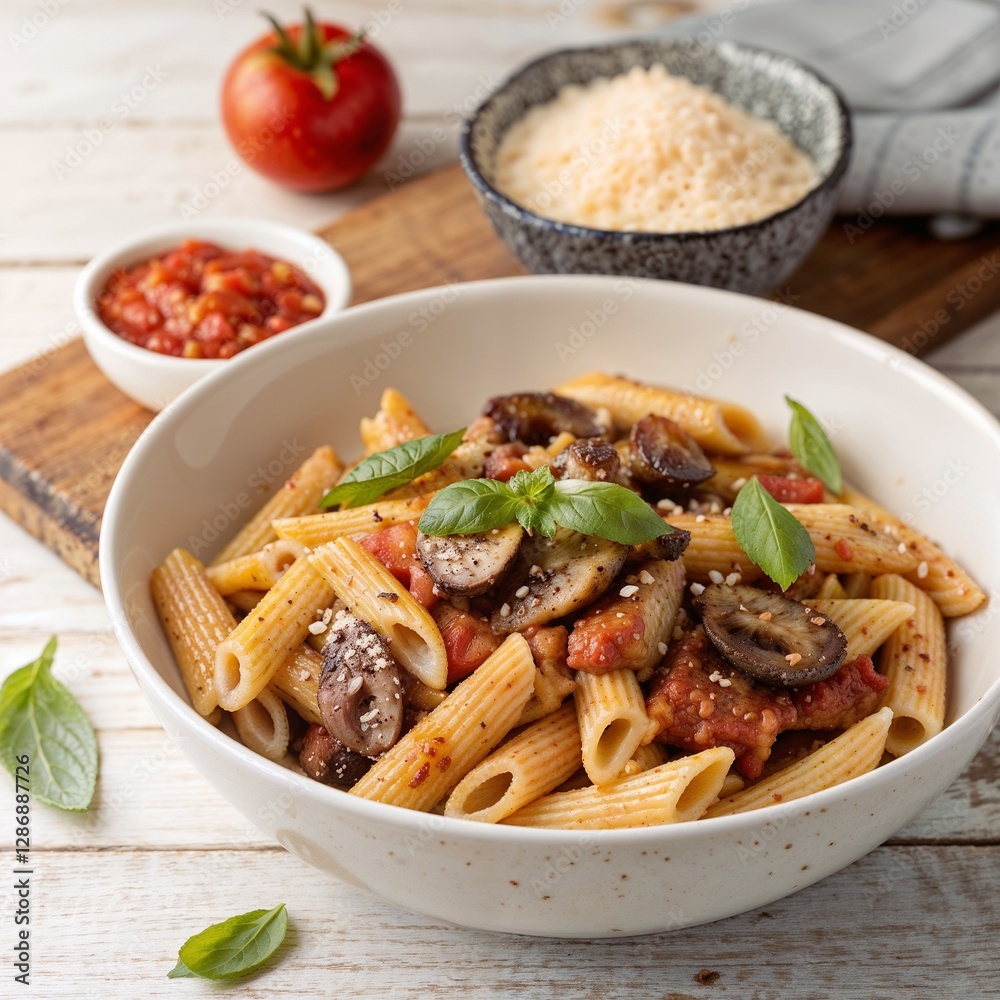 Savory Penne Pasta with Mushrooms, Tomato Sauce, and Fresh Basil Savory Penne Pasta with Mushrooms, Tomato Sauce, and Fresh Basil