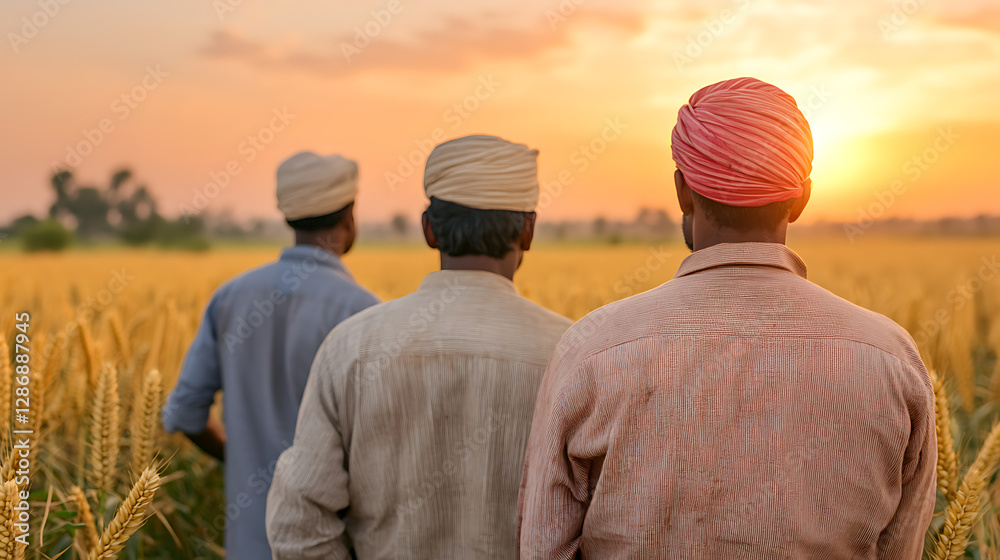 Farmers at Sunset: This scene captures three farmers in a field, their silhouettes against the setting sun, symbolizing hard work, tradition, and rural life. Farmers at Sunset: This scene captures three farmers in a field, their silhouettes against the setting sun, symbolizing hard work, tradition, and rural life.