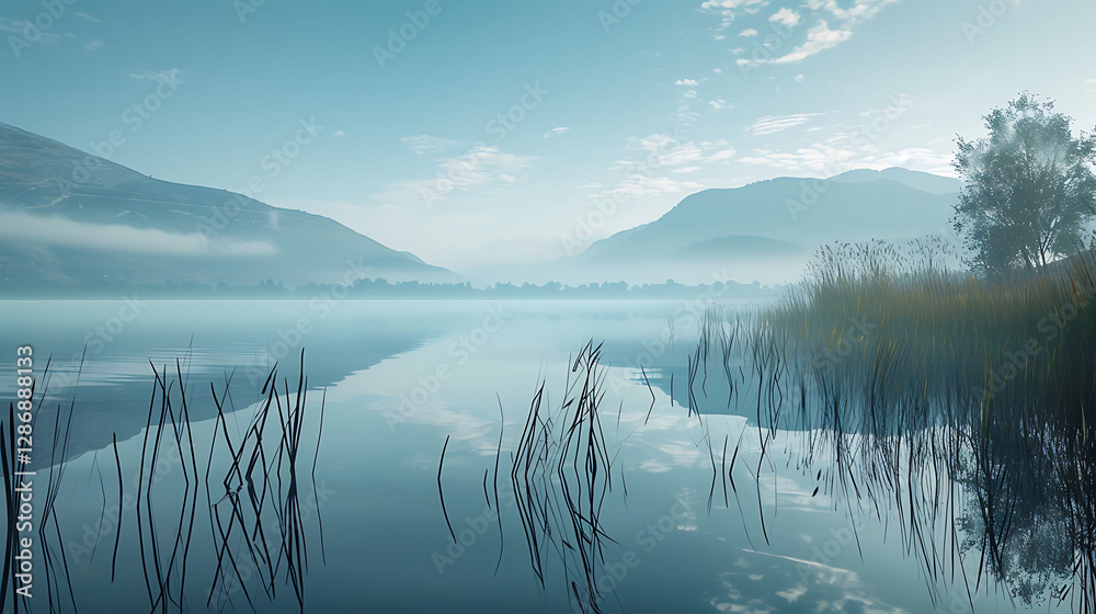 A tranquil lakeside with reeds, calm water, and a distant mountain range in A tranquil lakeside with reeds, calm water, and a distant mountain range in