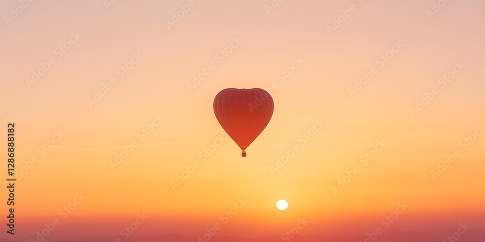 Fototapeta premium Heart shaped hot air balloon flying silhouetted against a vibrant sunset or sunrise sky. Romantic, uplifting, and symbolic of freedom and adventure.