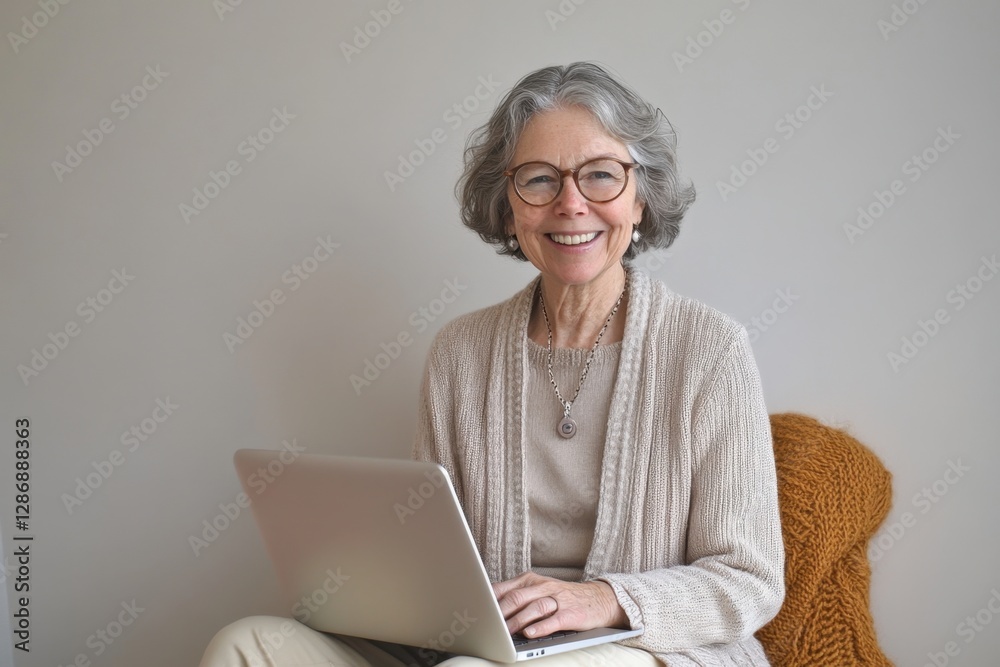 Mature woman with glasses sits, smiling, and working on her laptop. She is wearing a sweater and necklace in a home setting. Mature woman with glasses sits, smiling, and working on her laptop. She is wearing a sweater and necklace in a home setting.