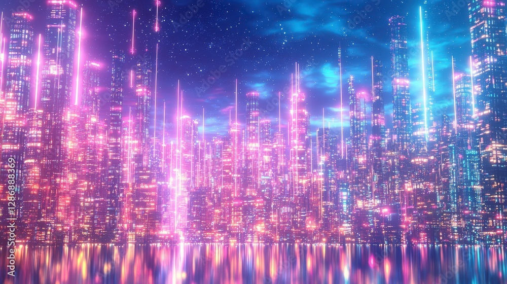 Fototapeta premium A vibrant, futuristic cityscape illuminated by colorful lights, reflecting on the water beneath a starry night sky.