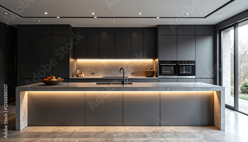 Modern Dark Grey Kitchen Interior Design with Island and LED Lighting