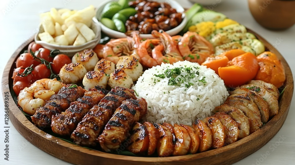 Diverse seafood and vegetable platter with rice on wooden tray, vibrant background Diverse seafood and vegetable platter with rice on wooden tray, vibrant background