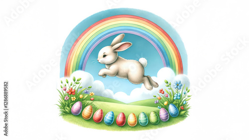 cute jumping happy rabbit, colorful eggs hunting activity, idea of happy easter celebration. photo