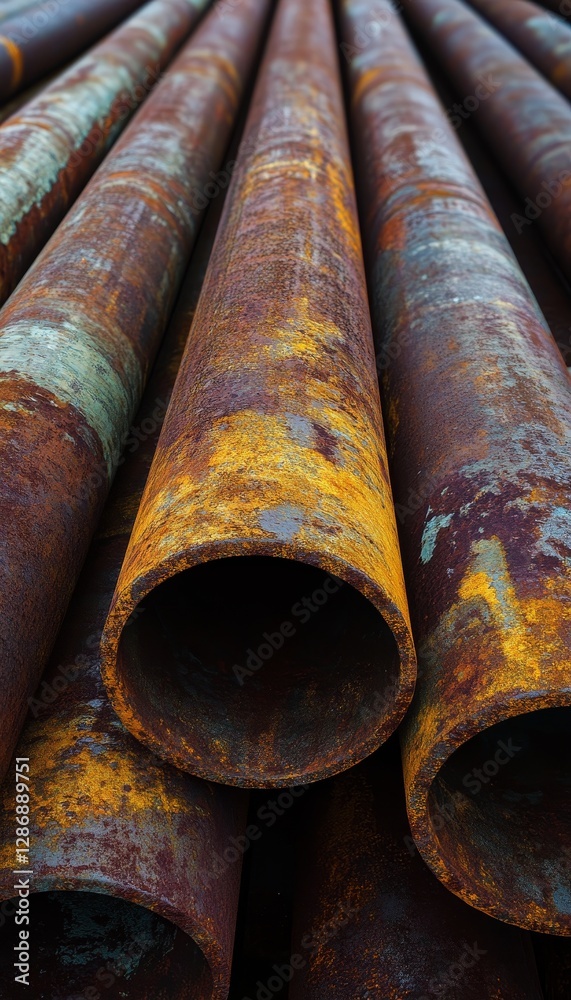Artistic depiction of rusted steel pipes in an industrial setting, highlighting metal contrasts Artistic depiction of rusted steel pipes in an industrial setting, highlighting metal contrasts