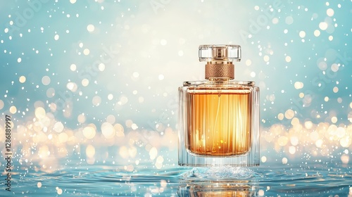 A stunning perfume bottle sits on a reflective surface, surrounded by a soft, shimmering background of blue and gold bokeh lights.