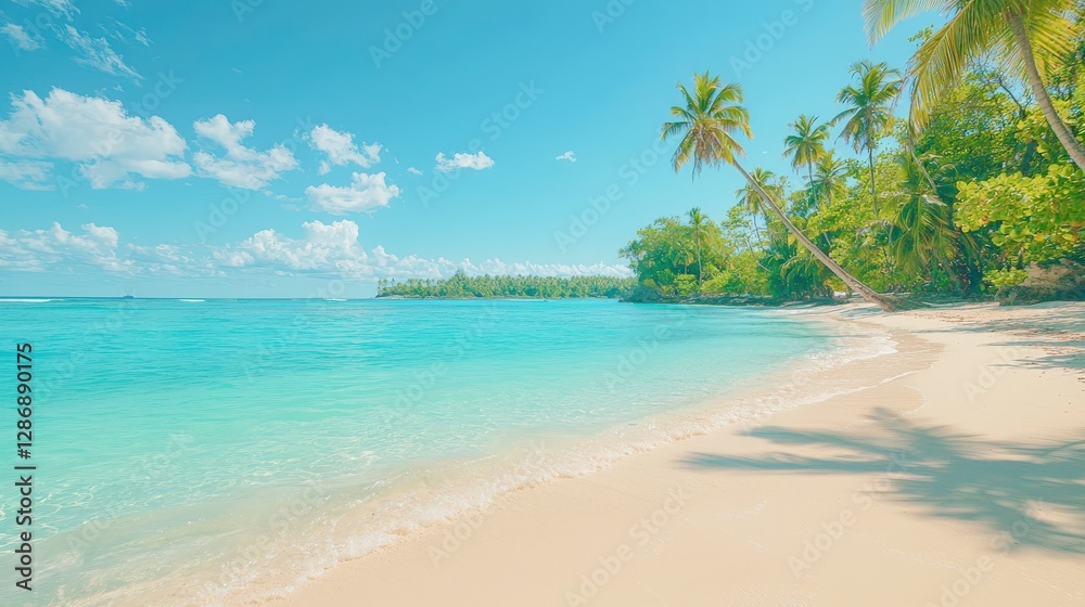 A serene tropical beach with soft white sand, turquoise water, and lush palm trees under a bright blue sky. A serene tropical beach with soft white sand, turquoise water, and lush palm trees under a bright blue sky.