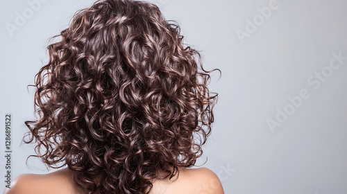 Curly Hairstyle: A cascade of soft, springy brown and blonde curls forms a gorgeous head of hair. The light grey backdrop accentuates its healthy shine.