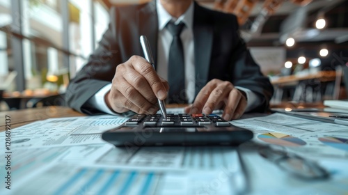 Professional conducting financial analysis at a modern office during daylight hours