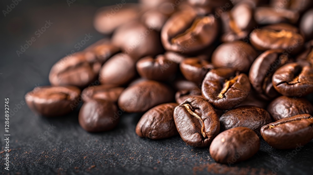 Richly roasted coffee beans stacked against a dark background showcasing their texture and color dynamics Richly roasted coffee beans stacked against a dark background showcasing their texture and color dynamics