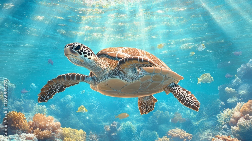 Obraz premium A sea turtle swims gracefully through a vibrant underwater scene filled with colorful coral and light rays penetrating the water surface.