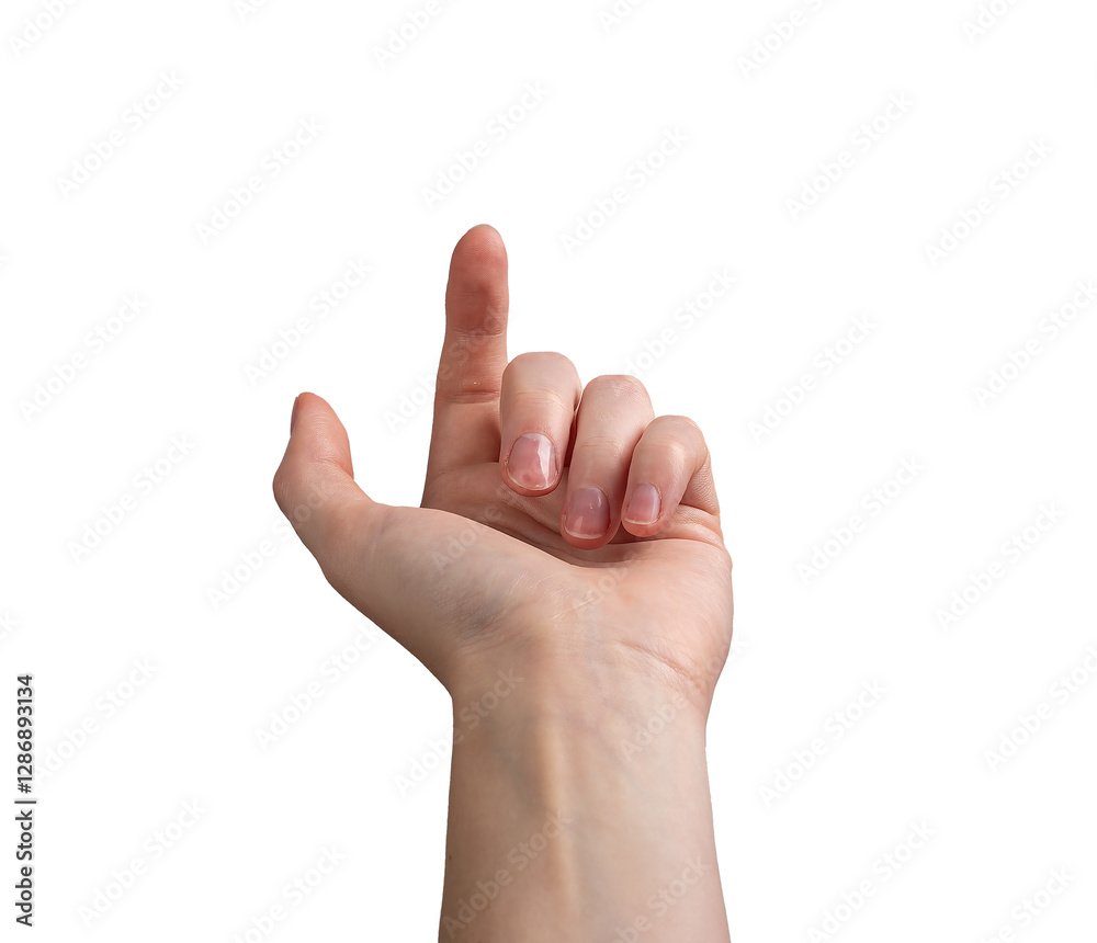 Female hand with a neatly manicured index finger curled in a subtle beckoning gesture, inviting and alluring. Symbolizing a gentle call or request. Left hand, isolated on white background. Female hand with a neatly manicured index finger curled in a subtle beckoning gesture, inviting and alluring. Symbolizing a gentle call or request. Left hand, isolated on white background.