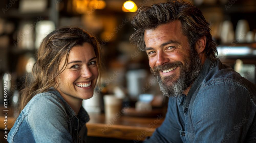Smiling couple enjoying time together in a cozy cafe setting, sharing moments of joy and connection. Love and laughter abound. Smiling couple enjoying time together in a cozy cafe setting, sharing moments of joy and connection. Love and laughter abound.