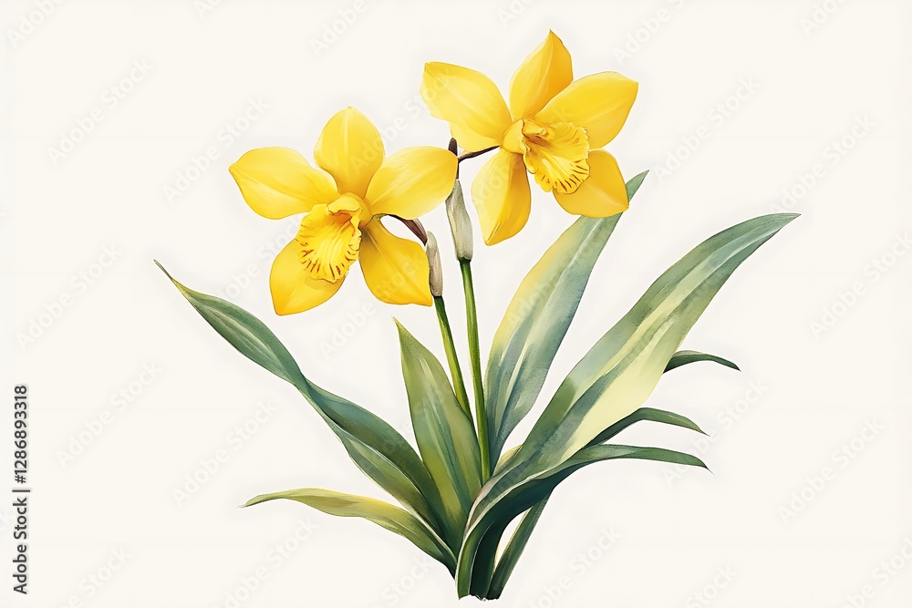 Fototapeta premium Two Yellow Orchids with Lush Green Leaves