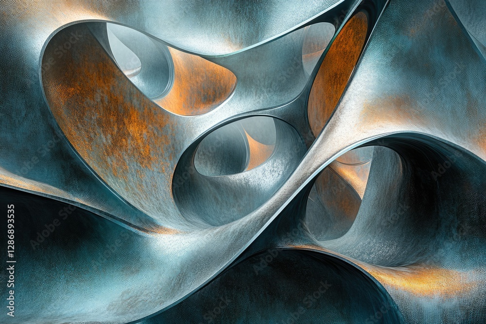 Abstract metallic sculpture with flowing, interconnected curves and a blend of teal and copper tones. Abstract metallic sculpture with flowing, interconnected curves and a blend of teal and copper tones.