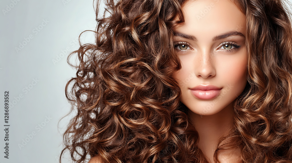Fototapeta premium Radiant Beauty: Close-up of a young woman with stunning curly hair, captivating green eyes, and flawless skin against a soft, neutral background.