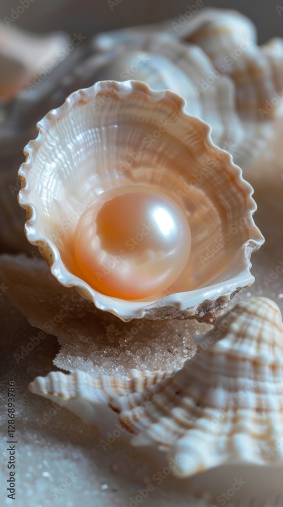 Beautiful pearl nestled in a sea shell on sandy surface with soft natural light highlighting details Beautiful pearl nestled in a sea shell on sandy surface with soft natural light highlighting details