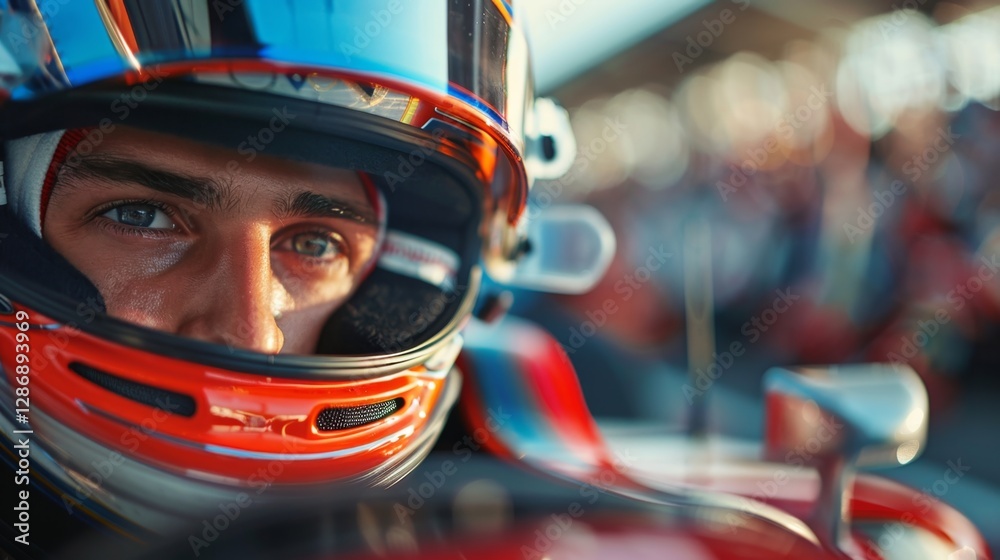 Close-up of a race car driver focused before the race at a motorsport event