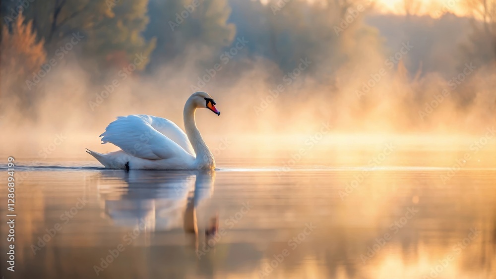 Obraz premium Mute swan gliding across misty lake at dawn, soft gray feathers glisten with dew, early morning landscape, serene lake scene