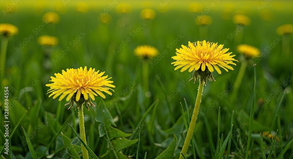 Vibrant Yellow Dandelion Flowers Blooming in a Lush Green Meadow Vibrant Yellow Dandelion Flowers Blooming in a Lush Green Meadow