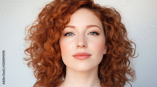Radiant woman with striking auburn curls, her captivating gaze and subtle makeup enhance her natural beauty.  A portrait of confidence and poise.