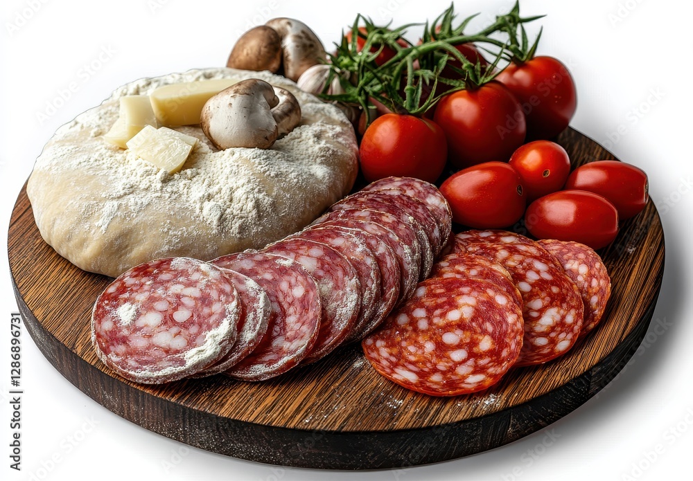 Fresh Ingredients for Homemade Pizza Preparation with Cheese, Salami, Tomatoes, Mushrooms, and Herbs on Wooden Board Fresh Ingredients for Homemade Pizza Preparation with Cheese, Salami, Tomatoes, Mushrooms, and Herbs on Wooden Board