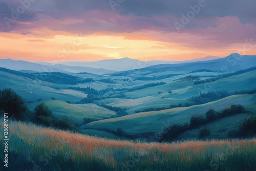 Serene sunset over rolling hills, painting a picturesque landscape of Tuscany's beauty.