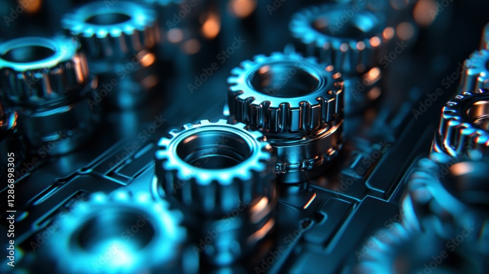 Close-up gear mechanisms on circuit board, futuristic technology Close-up gear mechanisms on circuit board, futuristic technology
