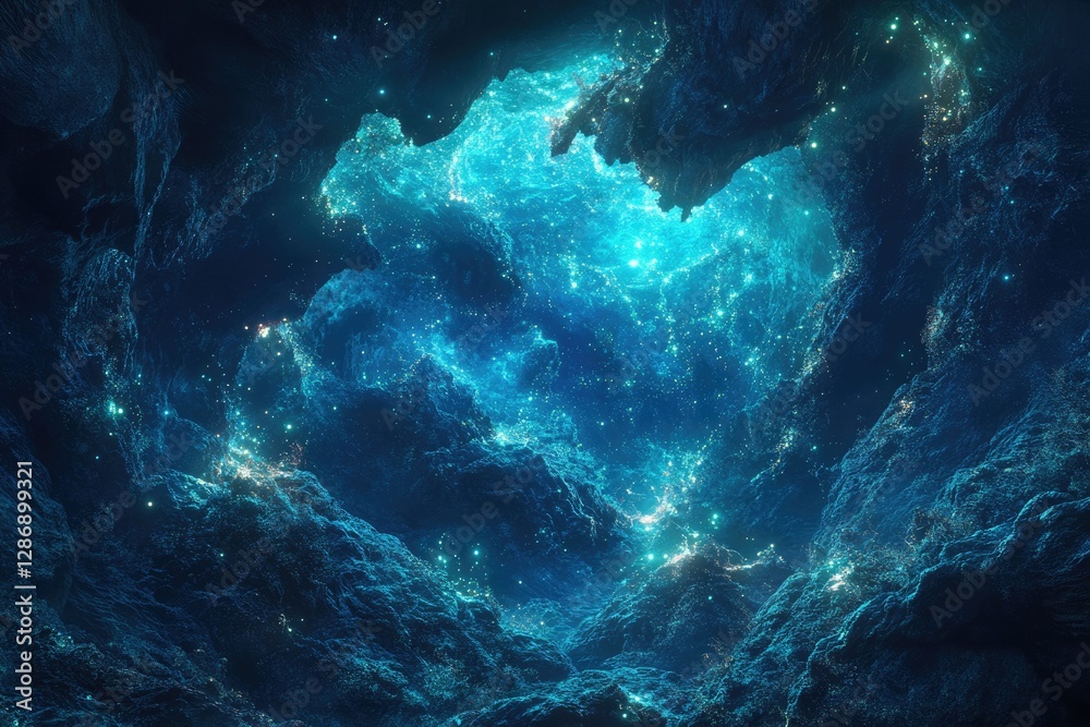 Obraz premium A mesmerizing digital artwork depicting a glowing, celestial landscape resembling a deep underwater cavern with bright, ethereal lights.