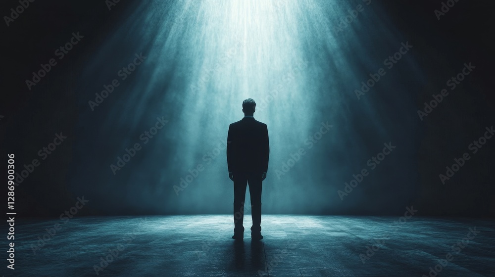 Obraz premium A man stands in a dark room with a spotlight shining on him