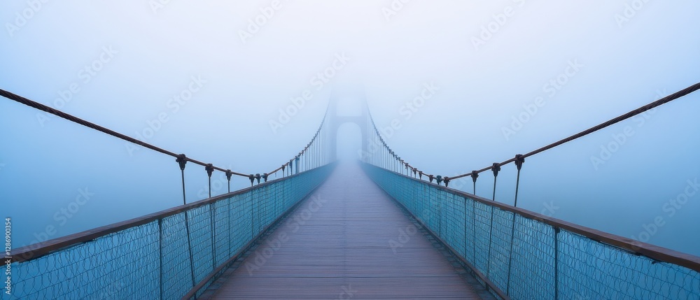 Obraz premium A fog-laden suspension bridge disappears into the mist, evoking a sense of mystery and wonder.