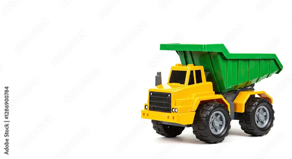 Yellow and Green Toy Dump Truck on a White Background Isolated Yellow and Green Toy Dump Truck on a White Background Isolated