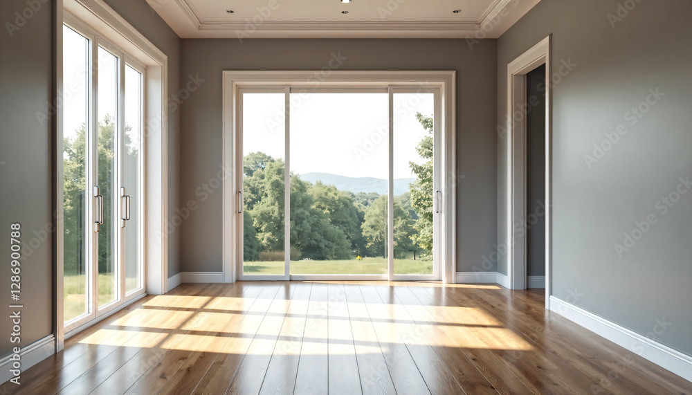 Sunlit Empty Room with Hardwood Floors and Sliding Glass Doors to Scenic View Sunlit Empty Room with Hardwood Floors and Sliding Glass Doors to Scenic View