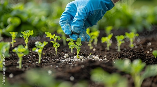 Gardener in blue gloves carefully applies granulated fertilizer to nurture young vegetable seedlings