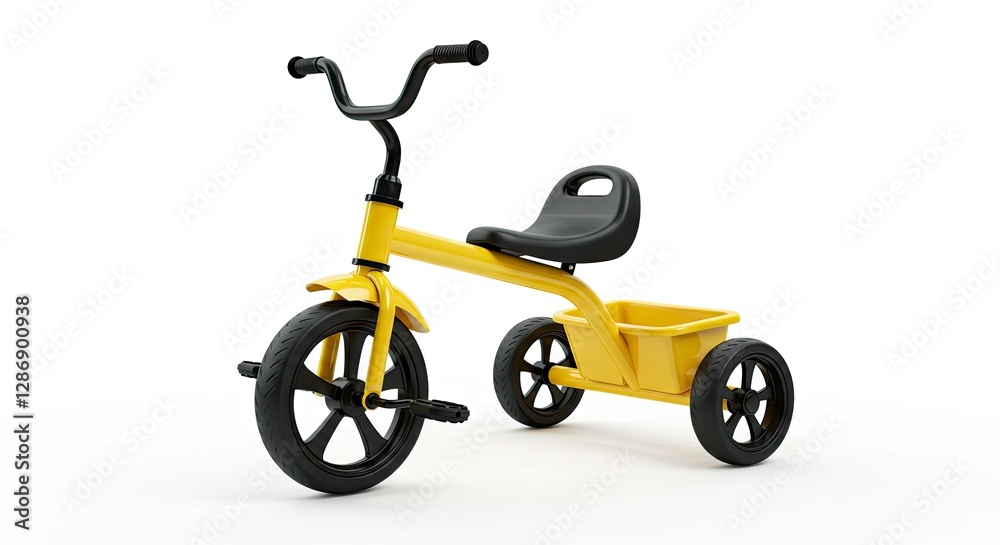 Yellow Tricycle with Black Seat and Basket on White Background Yellow Tricycle with Black Seat and Basket on White Background