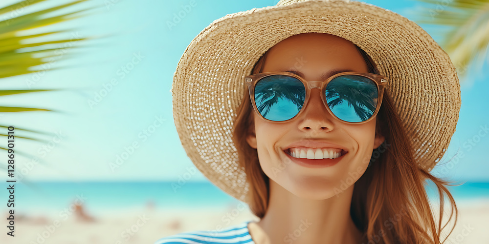 Woman enjoying summer vacation at the beach with straw hat and sunglasses. She is smiling and appears to be relaxed and happy in the sunny weather. Woman enjoying summer vacation at the beach with straw hat and sunglasses. She is smiling and appears to be relaxed and happy in the sunny weather.