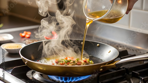 Hot cooking oil pouring into a frying pan on a gas stove, with rising steam adding to the dynamic scene