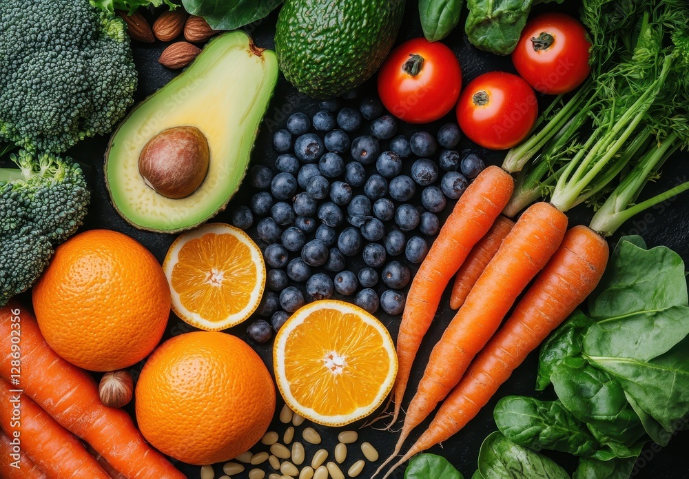 Fresh Organic Fruits and Vegetables Selection on Dark Surface with Avocado, Carrots, Blueberries, Spinach, Tomatoes, Citrus, and Broccoli Displayed Aesthetically Fresh Organic Fruits and Vegetables Selection on Dark Surface with Avocado, Carrots, Blueberries, Spinach, Tomatoes, Citrus, and Broccoli Displayed Aesthetically