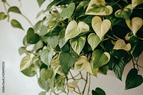 A modern hanging ceramic planter with a lush, cascading Epipremnum aureum (Golden Pothos).  photo