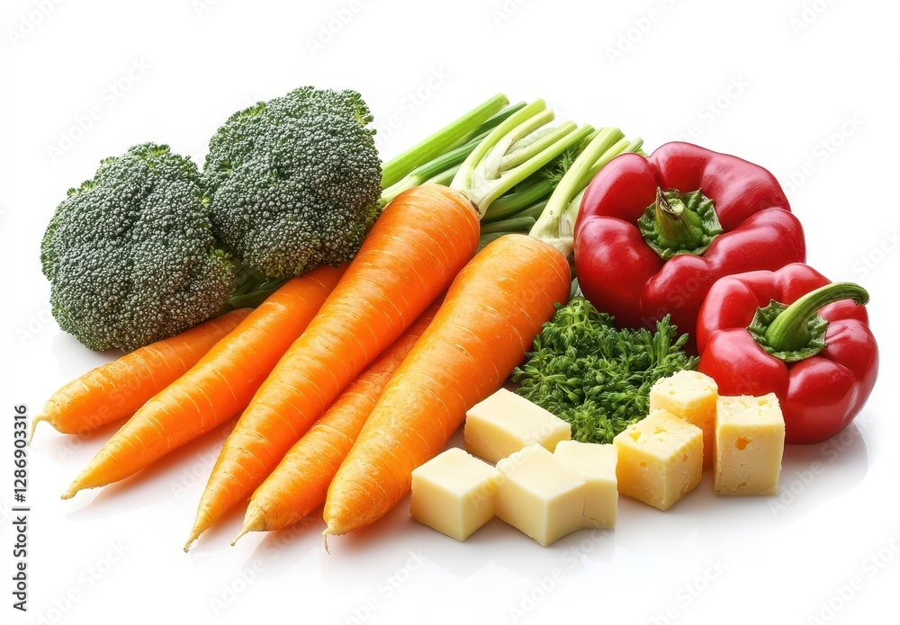 Fresh Organic Vegetables and Cheese Arranged Neatly on a Bright White Background for Healthy Cooking and Nutrition Concepts Fresh Organic Vegetables and Cheese Arranged Neatly on a Bright White Background for Healthy Cooking and Nutrition Concepts