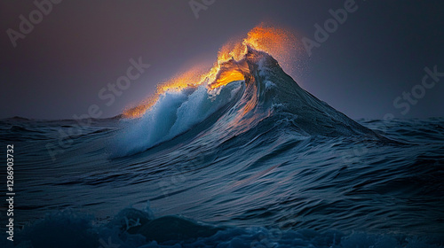 The sea comes alive as a dragon-like wave roars under a blazing evening sky
