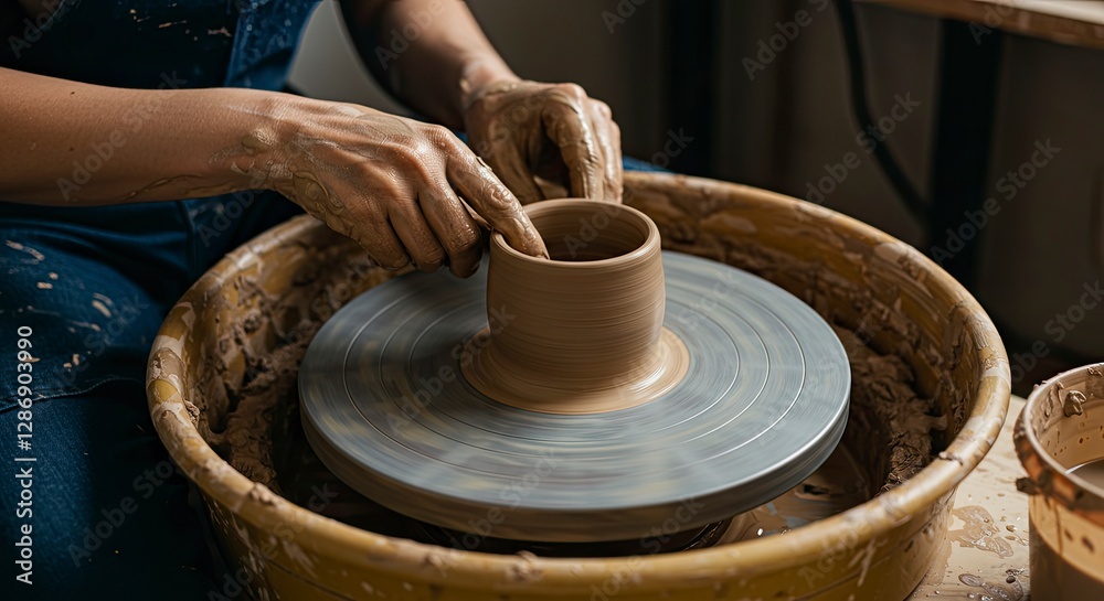 Potter Shaping Clay on Wheel Creating Handmade Ceramic Art Piece Potter Shaping Clay on Wheel Creating Handmade Ceramic Art Piece