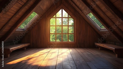 Sunlit wooden loft space with benches high resolution hd image