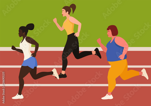 Different women are running around the stadium. Sport.