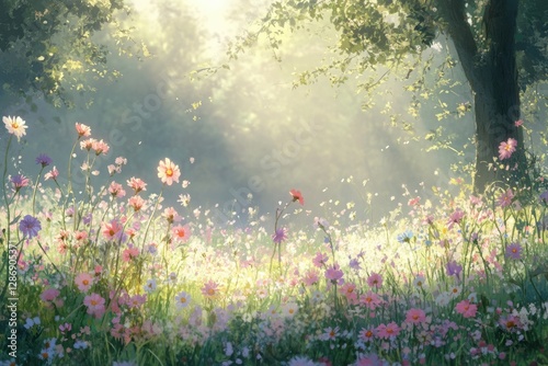 Fototapeta Naklejka Na Ścianę i Meble -  Sunlit meadow brimming with wildflowers, creating a serene and enchanting scene.